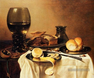 Petit déjeuner Nature morte avec Roemer Viande Tarte au citron et au pain Pieter Claesz Peinture à l'huile